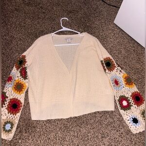 Women's Cream Cardigan with Colorful Floral Sleeves